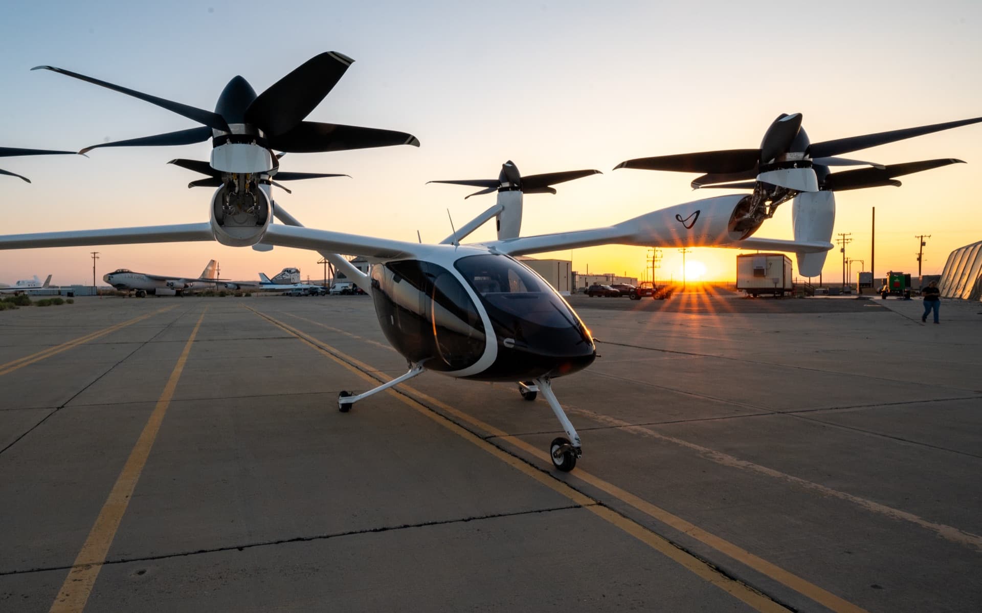 Joby S4 eVTOL aircraft on the ramp at Edwards Air Force Base at sunset