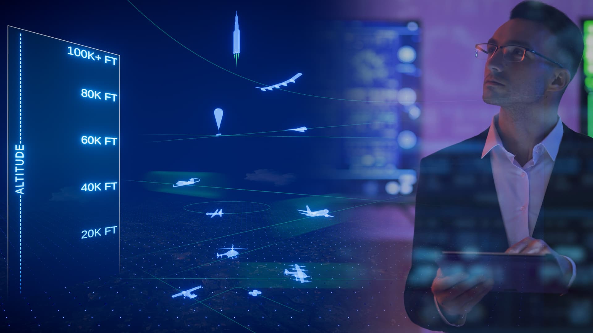 NASA concept rendering of a future airspace shared by commercial aircraft, eVTOLs, and unmanned systems